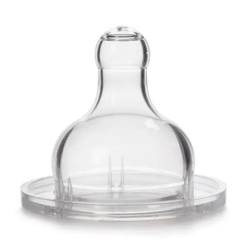 Suavinex silicone wide mouth nipple for 4-month-old babies, with two-hole design, displayed on a neutral background.