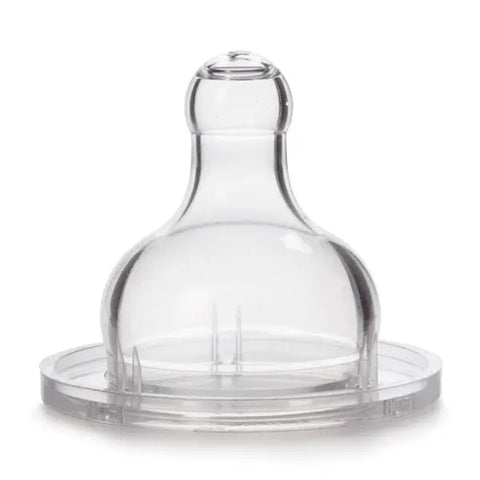 Suavinex silicone wide-mouth baby bottle nipple for 4-month-old infants with 2-hole design, shown with a baby bottle.