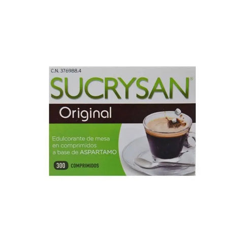 Box of Sucrysan sweetener tablets by Jag Couture London and New York, showing 300 tablets in a clear packaging.