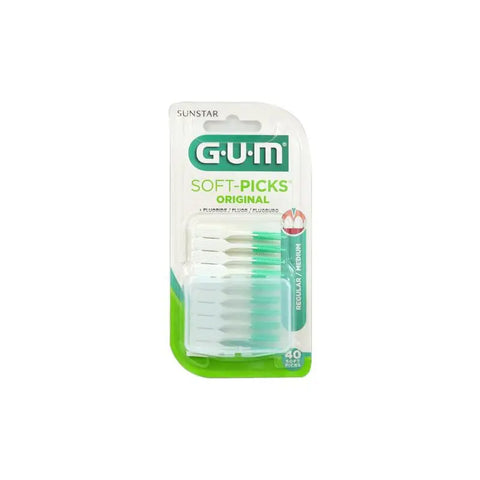 Sunstar Gum Soft Picks Regular Cleaner for teeth, 40-piece pack, with flexible rubber tips for gentle, effective dental cleaning.