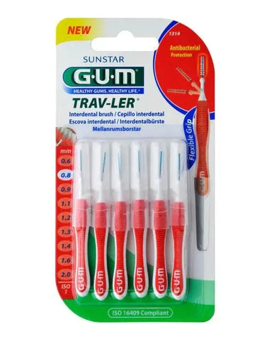 Sunstar Gum Trav-Ler Iso1 interdental brush in 0.8mm with 6 units, designed for effective interdental cleaning.