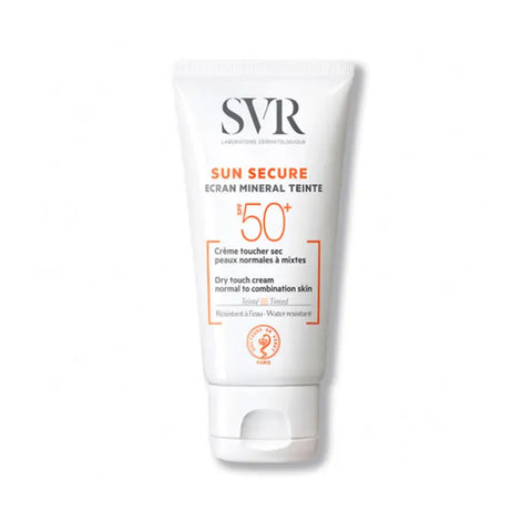 Svr Sun Secure Écran Mineral Teinté SPF50+ 50ml tinted mineral sunscreen in a tube, packaged by Jag Couture London New York.