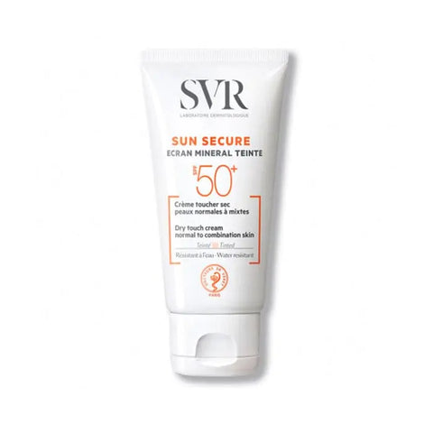 Svr Sun Secure Écran Minéral Teinté SPF50+ 50ml bottle, tinted mineral sunscreen from Jag Couture London New York.