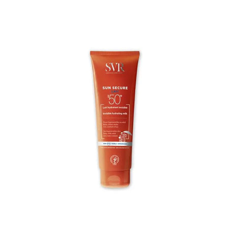 Svr Sun Secure Lait 50 SPF sunscreen lotion in 250ml bottle by Jag Couture London New York, with sun protection ingredients visible.