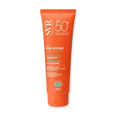 Svr Sun Secure Lait SPF50+ 250ml bottle by Jag Couture London - New York, with sun protection label and creamy lotion texture.