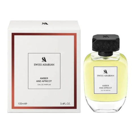 Swiss Arabian Amber and Apricot Eau De Parfum spray by Jag Couture London displays a sleek 100ml bottle with amber-colored liquid.