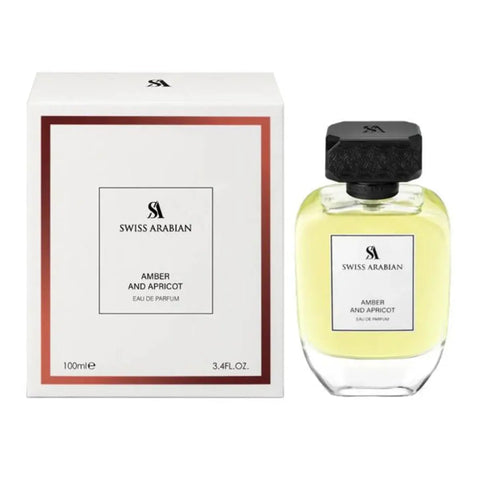 Swiss Arabian Amber and Apricot Eau De Parfum 100ml spray bottle by Jag Couture London, featuring a sleek glass design.