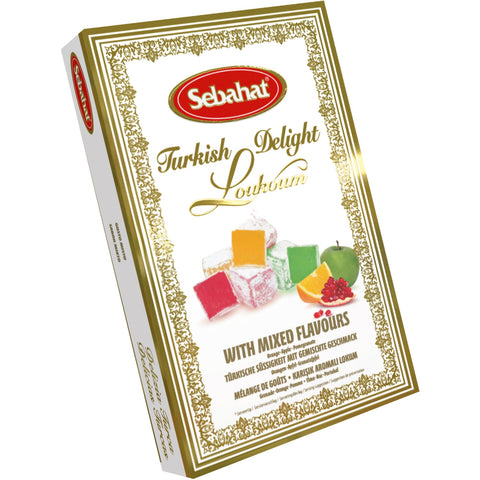 Assorted Turkish delight in a gift box featuring orange, apple, and pomegranate flavors from Jag Couture London - New York.