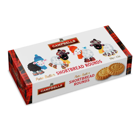 Tartan sheep carton of shortbread rounds by Jag Couture London New York, featuring festive tartan design and baked shortbread cookies inside.