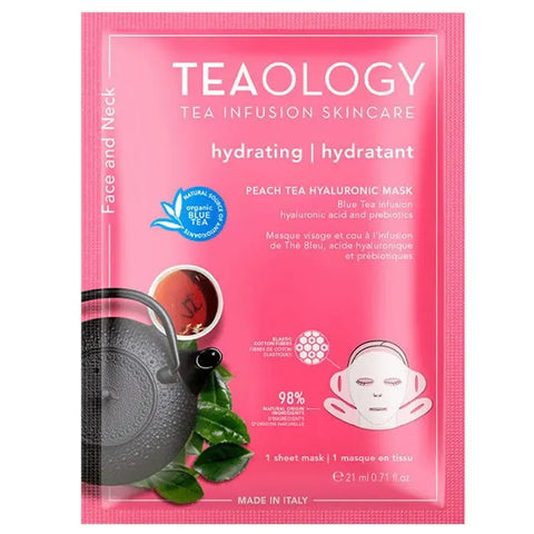 Blue Tea and Hyaluronic Acid brightening moisturizing mask in a 21ml tube, by Teaology, featuring vibrant blue packaging.