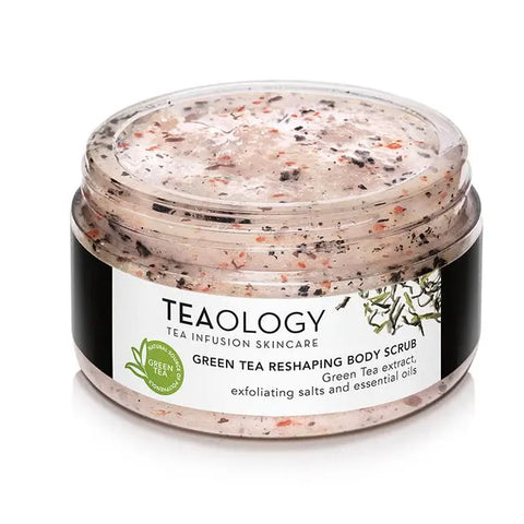 Teaology Green Tea Reshaping Body Scrub in 450g jar, featuring green tea extract, textured surface, and branded packaging.