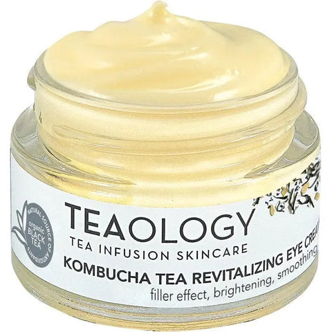 Teaology Kombucha Tea Revitalizing Eye Cream in 15ml jar, featuring a sleek container with fresh herbal ingredients visible.