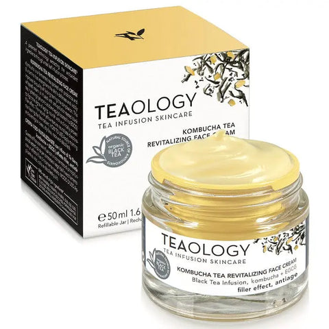 Teaology Kombucha Tea Revitalizing Face Cream in a 50ml jar, featuring a sleek design with natural ingredients and skincare benefits.