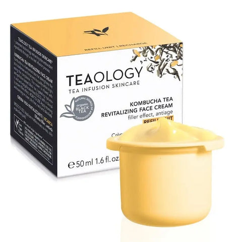 Teaology Kombucha Tea Revitalizing Face Cream refill jar, 50ml, with refreshing botanical ingredients and sleek packaging.