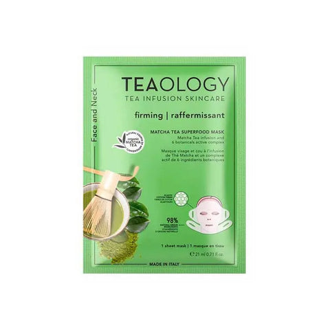 Teaology Matcha Tea Firming and Nourishing Mask in 21ml jar, with green tea leaves and skincare product visible.