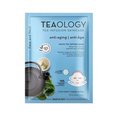 Teaology Smoothing Anti-Ageing Face and Neck Mask with White Tea, 21ml, applied on skin showing a relaxed, rejuvenated facial expression.