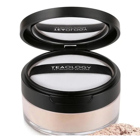 Teaology White Tea Perfecting Powder in 17g jar, showcased with elegant packaging from Jag Couture London New York.