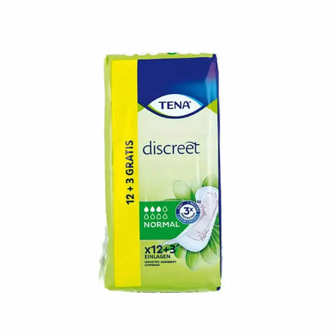 Tena Lady Discreet incontinence pads, 15 units, by Jag Couture London New York, showing compact packaging and product details.