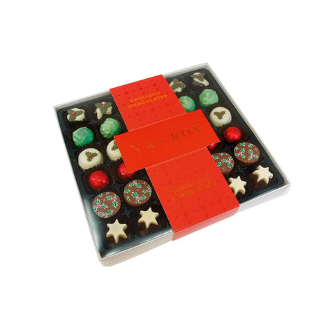 Assorted Christmas chocolates in a 36-piece grey box with a cello lid from Jag Couture London New York.