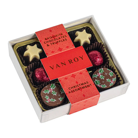Assorted Christmas chocolates in a grey base with a cello lid from Jag Couture London New York Christmas collection.
