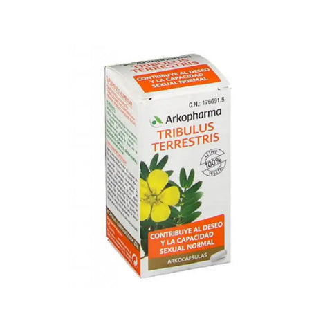 Organic Tribulus Terrestris capsules in a clear bottle, labeled with Arkopharma and Jag Couture London-New York branding.