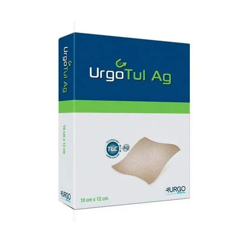 Urgo S.Ag 10x12 cm wound dressings by Jag Couture London, New York, shown in a box with five sterile dressings.