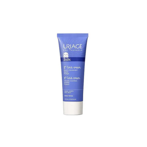 Uriage Baby 1st Cold Cream 75ml jar, gentle skincare product for babies, with a white and blue label, displayed on a neutral background.