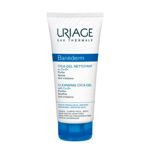 Uriage Bariéderm Cica-Cleansing Gel 200 ml, gentle skincare gel with calming ingredients, shown in a clear bottle with a blue cap.