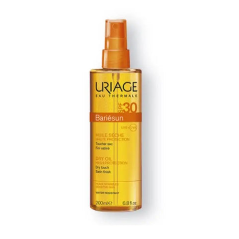 Uriage Bariésun Dry Oil SPF30 in 200ml bottle, moisturizing sunscreen with a lightweight, non-greasy texture.