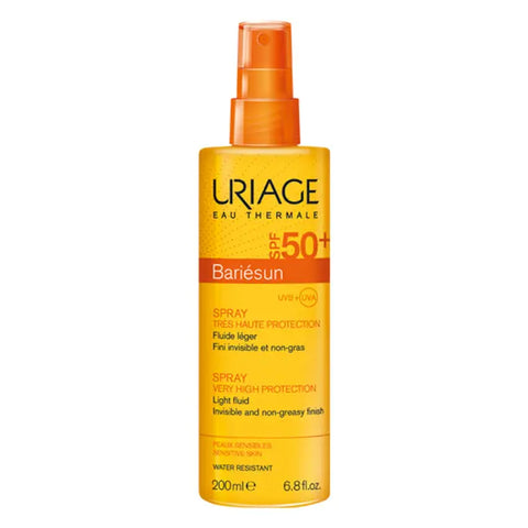 Uriage Bariesun SPF 50+ spray in 200ml bottle, sun protection product by Jag Couture London New York.
