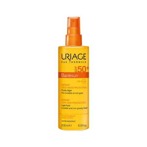Uriage Bariésun Sun SPF50+ spray bottle, 200ml, sunscreen product with a pump spray nozzle, displayed on a neutral background.