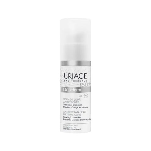 Uriage Dépiderm 30ml skincare product in a white tube with blue accents, displayed against a neutral background.