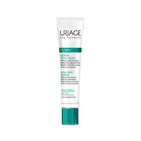 Uriage Hyseac Serum New Skin 40ml, a skincare product with a dropper bottle, featuring clear liquid and minimalist packaging.