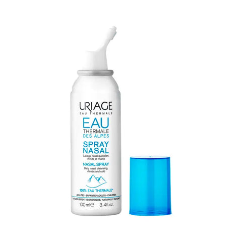 Uriage Isophy nasal spray 100ml in a white and blue bottle with a spray nozzle, designed for nasal relief.