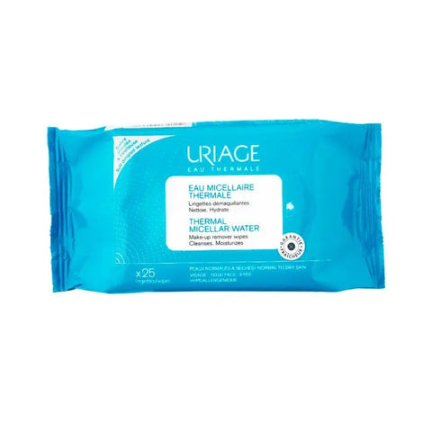 Uriage make-up remover micellar water wipes in a pack, designed for gentle facial cleansing and makeup removal.