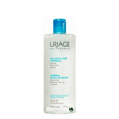 Uriage Thermal Micellar Water 500ml bottle, skincare product by Jag Couture London - New York, with clear label and cap.