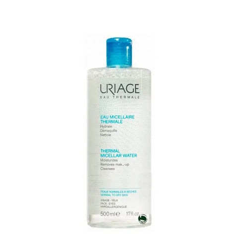 Uriage Thermal Micellar Water 500ml in a clear bottle, designed for gentle facial cleansing by Jag Couture London - New York.