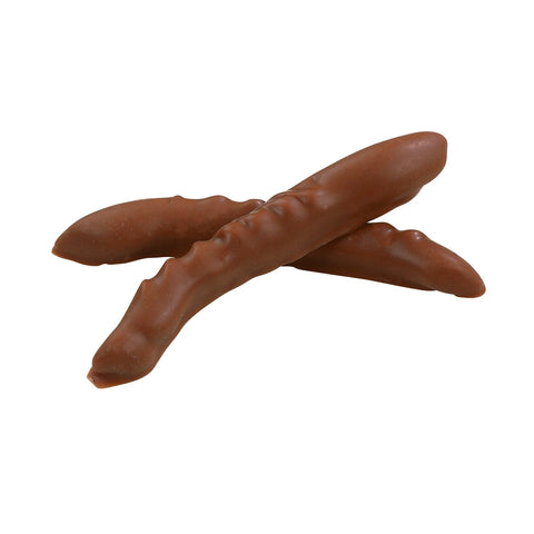 Milk chocolate enrobed orangette by Jag Couture London, New York, showcasing a delicate 8g confection with a smooth milk coating.