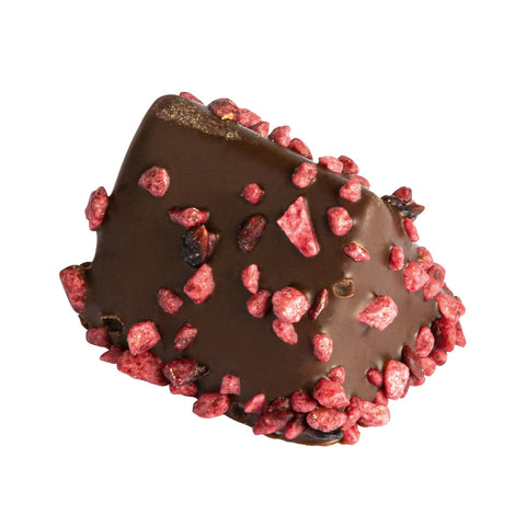 Layered dark chocolate marzipan with raspberry décor on Triangolo Dark by Jag Couture London and New York.