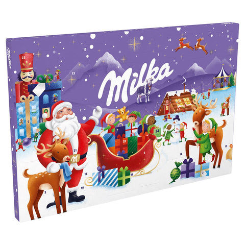 Milka Advent calendar by Jag Couture London - New York featuring milk chocolate crème-filled figures in festive packaging.