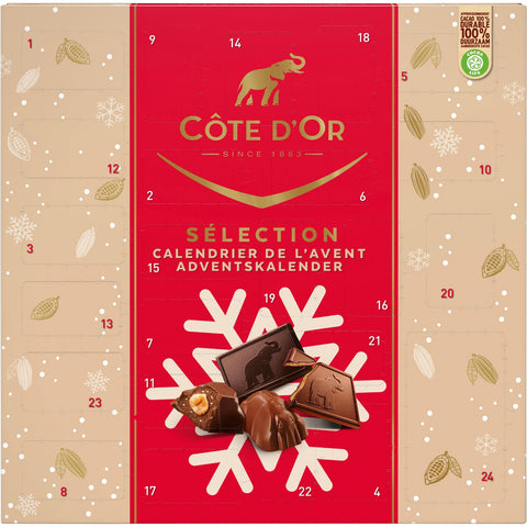 Cote d'Or advent calendar by Jag Couture London featuring Mignonettes, mini Bouchees, and mini Rocs chocolates.