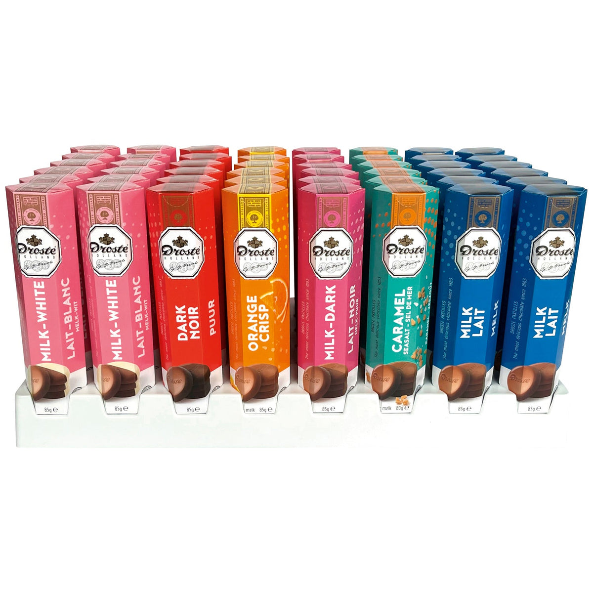 Display of assorted chocolate pastilles in tube
