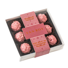 Pink Marc de Champagne truffles in 9 choc grey base with cello lid