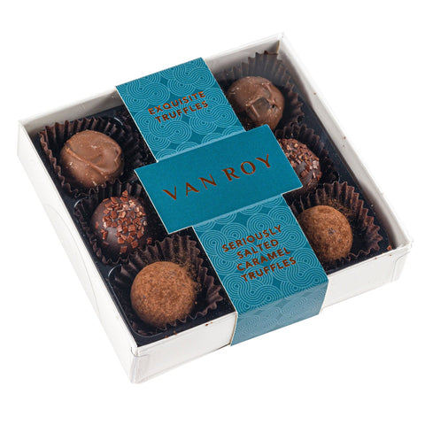 Jag Couture London - New York seriously salted caramel truffles in a grey box with a cello lid, showcasing rich caramel and chocolate details.