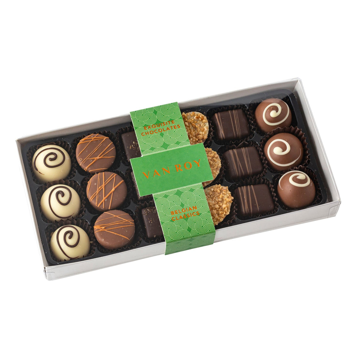 Belgian everyday classics selection in 18 choc grey base with cello lid