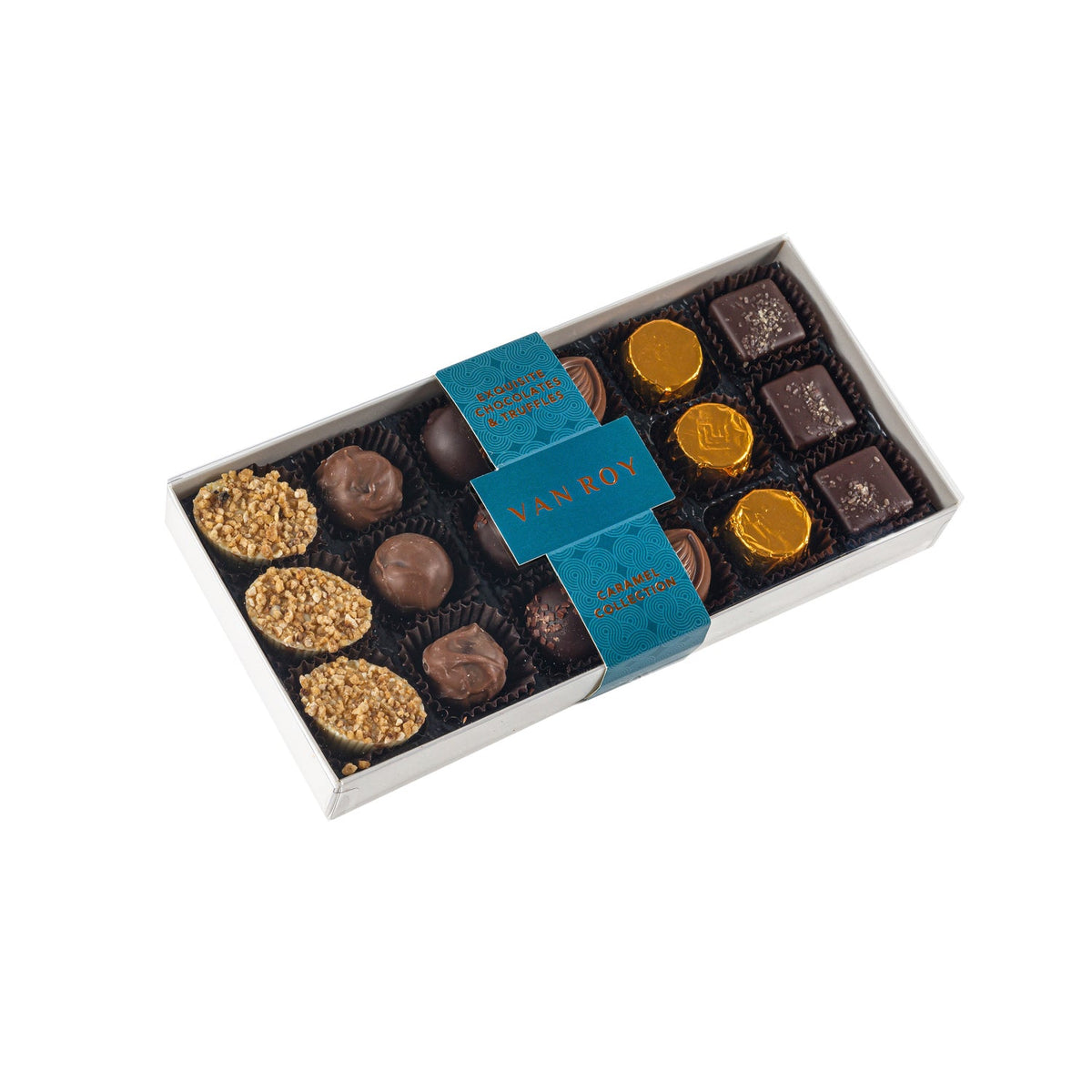 Caramel selection in 18 choc grey base with cello lid