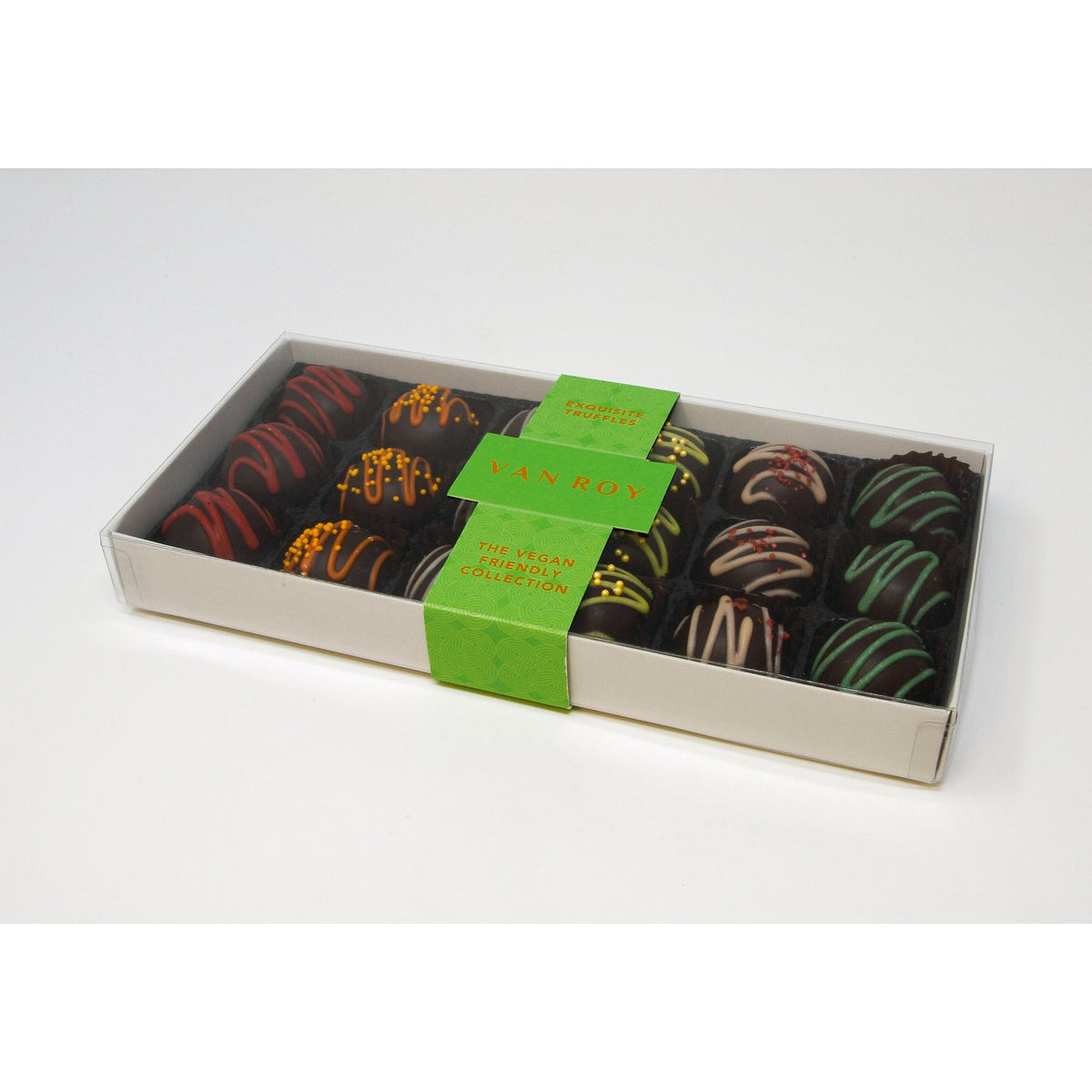 Luxury vegan friendly selection in 18 choc grey base with cello lid