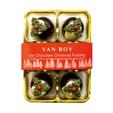 Dark chocolate Christmas pudding truffles with white chocolate holly decoration in a clear cello pack by Jag Couture London - New York