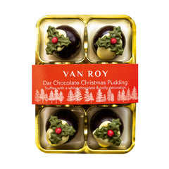 Dark chocolate Christmas pudding truffles with a white chocolate and holly decoration in cello pack