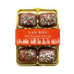 Milk chocolate Yule logs with a chocolate mousse filling in cello pack
